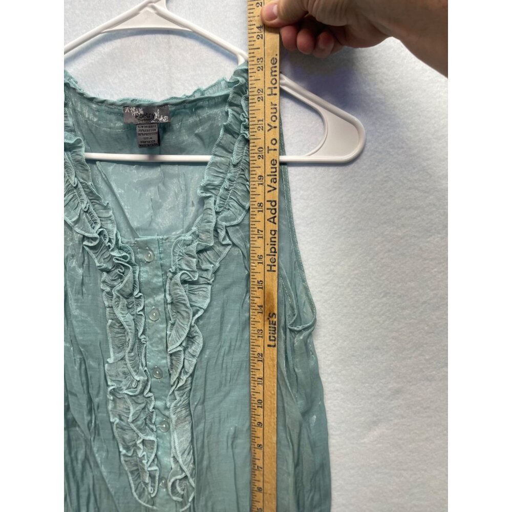 Poetry Clothing Blouse Aqua Blue Ruffle Front Sleeveless Size Medium - Picture 5 of 9